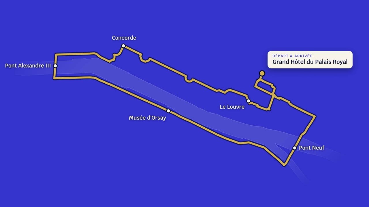 Le parcours de 6 km : Grand Hôtel du Palais Royal, Le Louvre, Concorde, Pont Alexandre III, Musée d’Orsay, Pont Neuf